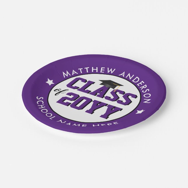 Assiettes En Carton Élégante Royal Purple Classe de 2023 Graduation (Angle)