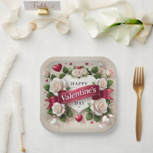 Assiettes En Carton Elégante Saint Valentin Design avec Roses, Coeurs