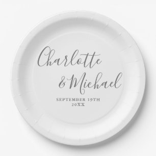 Assiettes En Carton Élégante Signature Script mariage gris et blanc