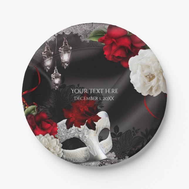 Assiettes En Carton Elégante Soie Noire Florale & Dentelle Masquerade  (Devant)