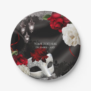 Assiettes En Carton Élégante Soirée de Mascarade en Soie Noire Fleurie