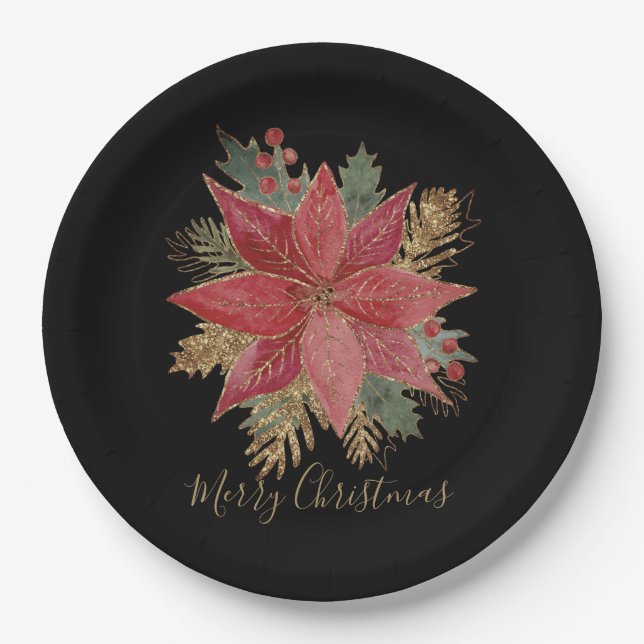 Assiettes En Carton Élégante Soirée de Noël Rouge Poinsettia (Devant)