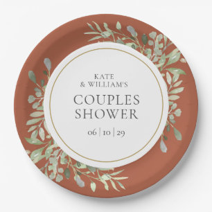 Assiettes En Carton Elégante Terracotta Gold Greenery Couples Douche