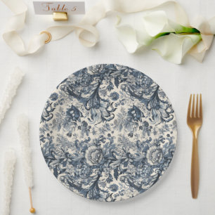 Assiettes En Carton Elégante Toile Florale Bleu Vintage Fleurie
