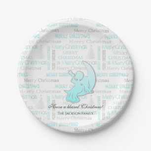 Assiettes En Carton Élégante typographie de Noël Turquoise et Argent