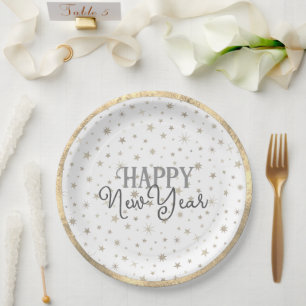 Assiettes En Carton Élégante Typographie Gris Blanc Étoiles Bonne anné