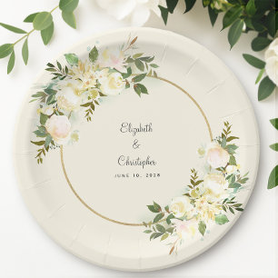Assiettes En Carton Elégante Verdure Rose blanche Floral Chic Gold Fra
