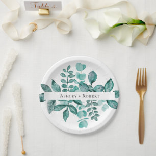 Assiettes En Carton Elégante verdure Turquoise Aquarelle Mariage moder