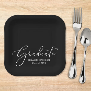 Assiettes En Carton Élégante White Script Black Graduation Party