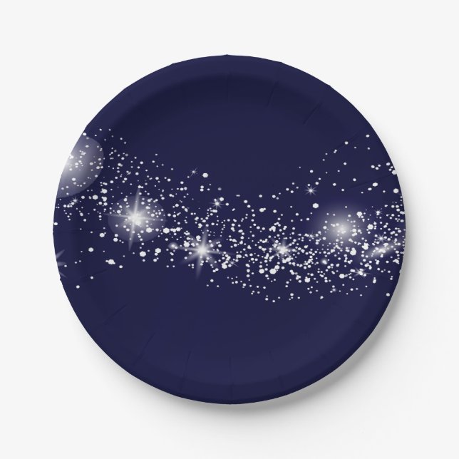 Assiettes En Carton Élégantes étoiles scintillantes sur bleu marine (Devant)