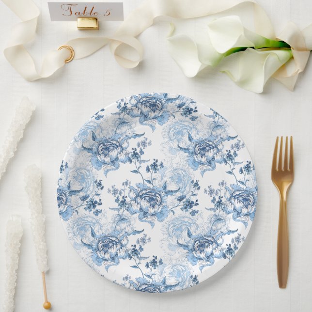 Assiettes En Carton Élégantes pivoines gravées en bleu et blanc (Mariage)