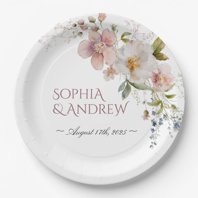 Assiettes En Carton Élégantes Plaques de papier Mariage Fleur sauvage (Devant)
