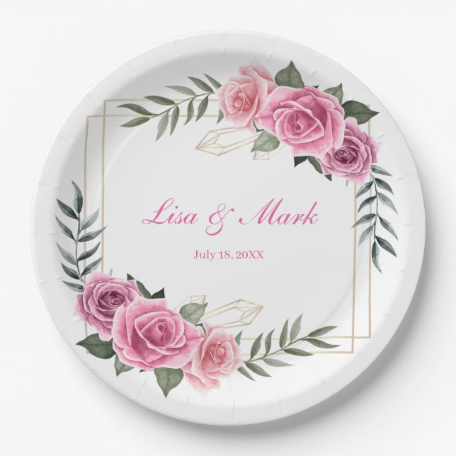 Assiettes En Carton Élégantes plaques en papier Mariage rose géométriq (Devant)