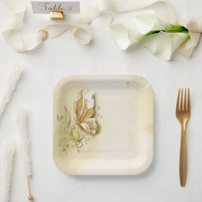 Assiettes En Carton Élégantes plaques en papier papillon terrien (Mariage)
