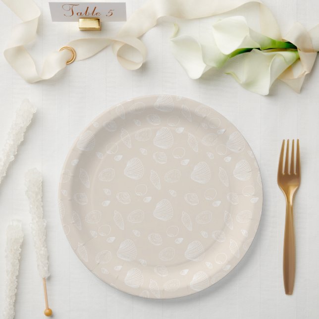 Assiettes En Carton Elégants coquillages blancs Motif beige (Mariage)
