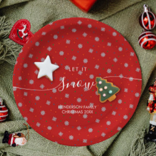 Assiettes En Carton Élégants flocons rouges et blancs personnalisés