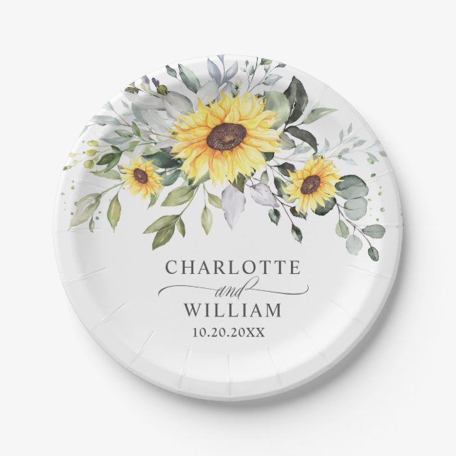 Assiettes En Carton Élégants Tournesols Eucalyptus Verdure Mariage (Devant)
