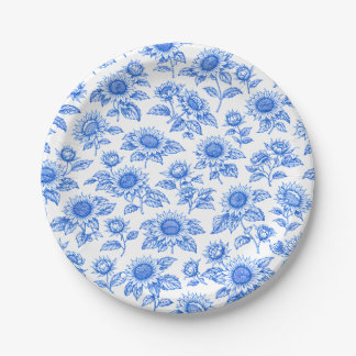 Assiettes En Carton Élégants Tournesols Toile du Jouy – Botanique Bleu