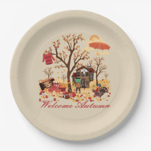 Assiettes En Carton Éléments et paysage bienvenus d'automne d'automne