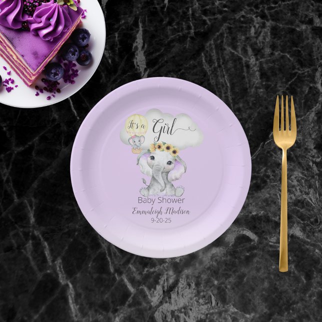 Assiettes En Carton Eléphant à air chaud ballon Baby shower violet (Créateur téléchargé)