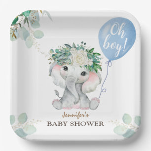 Assiettes En Carton Elephant Aquarelle Bleu Balloon Baby shower garçon