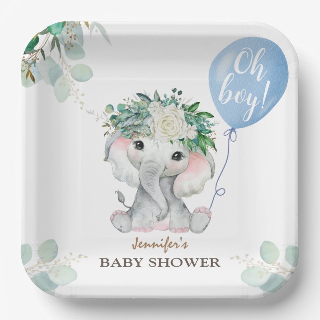 Assiettes En Carton Elephant Aquarelle Bleu Balloon Baby shower garçon (Recto)