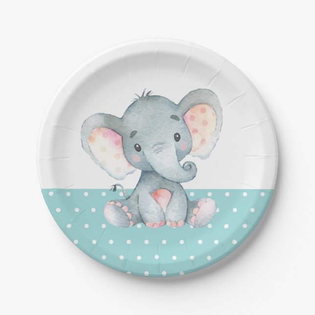 Assiettes En Carton Elephant Baby shower Aqua Turquoise Turquoise (Devant)