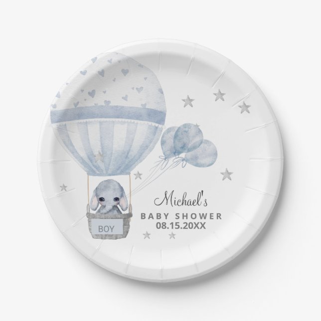 Assiettes En Carton Eléphant baby shower avec ballon chaud à air (Devant)