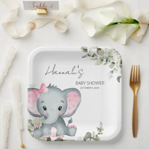 Assiettes En Carton Eléphant Baby shower fille rose