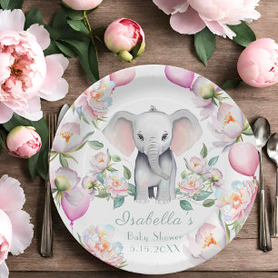 Assiettes En Carton Eléphant Bébé avec pivoines et Baby shower Ballons