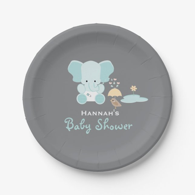 Assiettes En Carton Éléphant bleu petit baby shower d'oiseau (Devant)