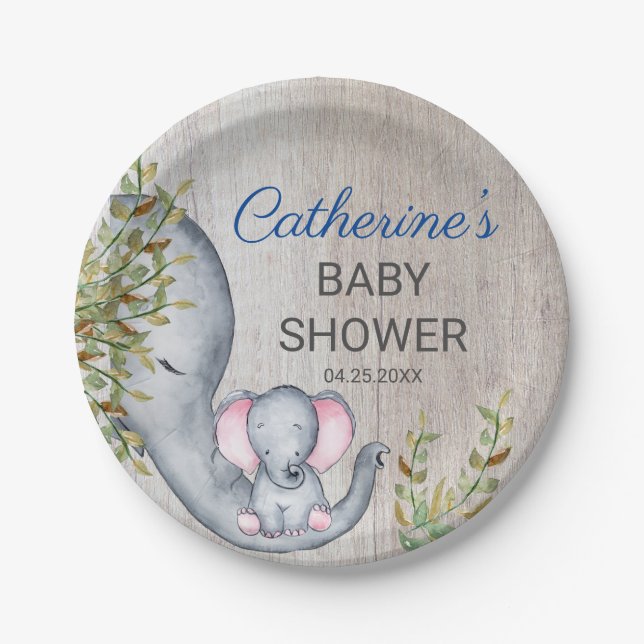 Assiettes En Carton Eléphant doux Baby shower floral rustique (Devant)