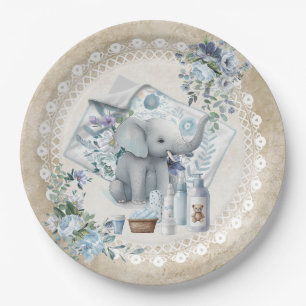 Assiettes En Carton Eléphant et bleu poussiéreux baby shower garçon