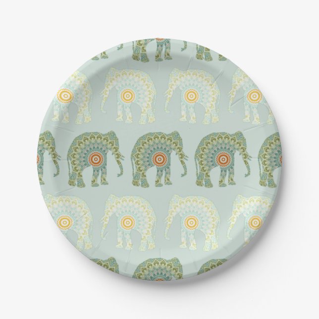 Assiettes En Carton Elephant et Mandala en vert clair (Devant)