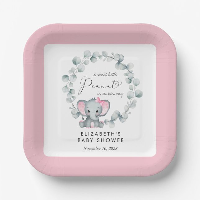 Assiettes En Carton Eléphant Eucalyptus Baby Girl Douche (Recto)