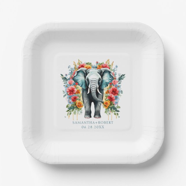 Assiettes En Carton Eléphant floral coloré (Recto)