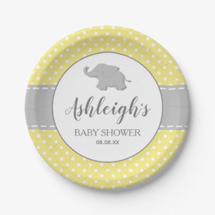 Assiettes En Carton Eléphant gris jaune Polka Baby shower