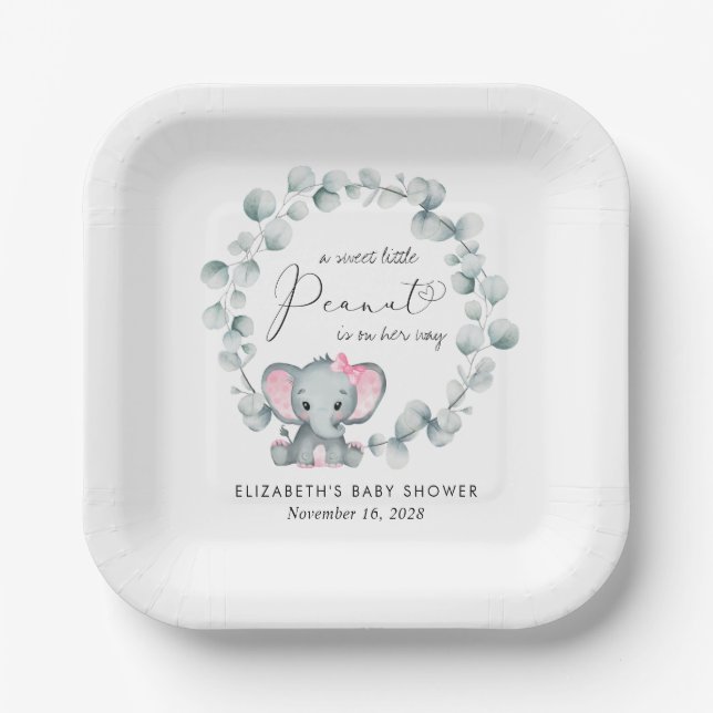 Assiettes En Carton Eléphant mignon Eucalyptus Baby Girl Douche (Recto)