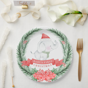 Assiettes En Carton Eléphant mignon   Premier Noël du bébé