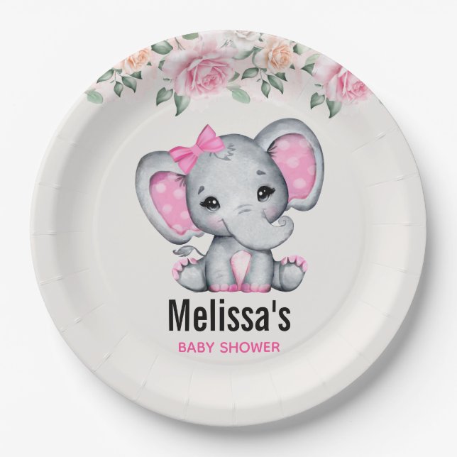 Assiettes En Carton Eléphant mignon rose bébé et douche frontalière Ro (Devant)
