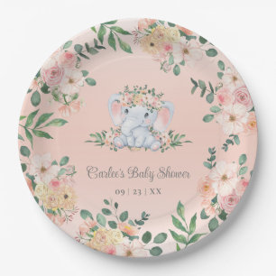 Assiettes En Carton Eléphant mignon rose Floral Baby shower bébé fille