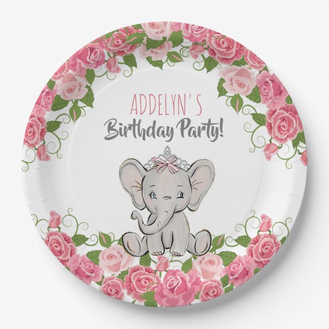 Assiettes En Carton Elephant Princesse Tiara Rose Petite fille Anniver (Devant)