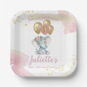 Assiettes En Carton Eléphant rose de charme premier anniversaire fille