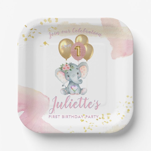 Assiettes En Carton Eléphant rose de charme premier anniversaire fille (Recto)
