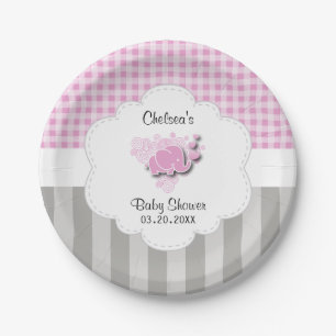 Assiettes En Carton Éléphant rose et blanc de bébé de rayures de plaid