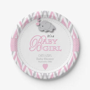 Assiettes En Carton Eléphant rose, gris blanc Baby shower 2