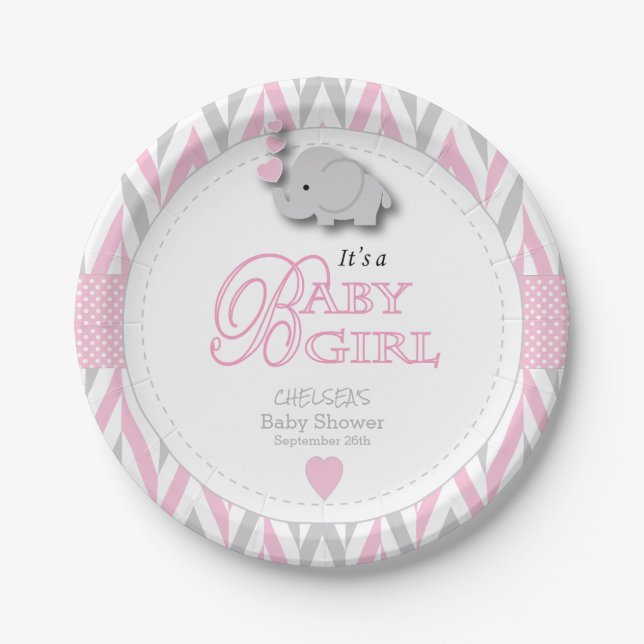 Assiettes En Carton Eléphant rose, gris blanc Baby shower 2 (Devant)