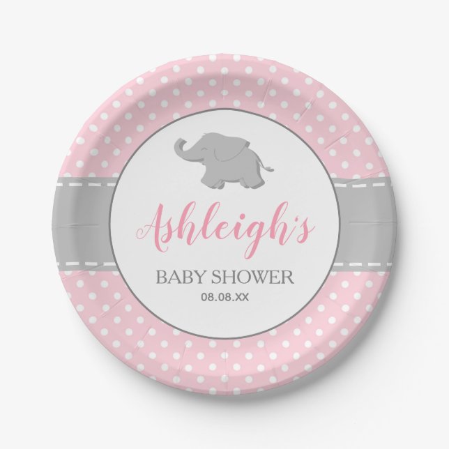 Assiettes En Carton Eléphant rose Gris Polka Dot Girl Baby shower (Devant)