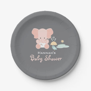 Assiettes En Carton Éléphant rose petit baby shower d'oiseau