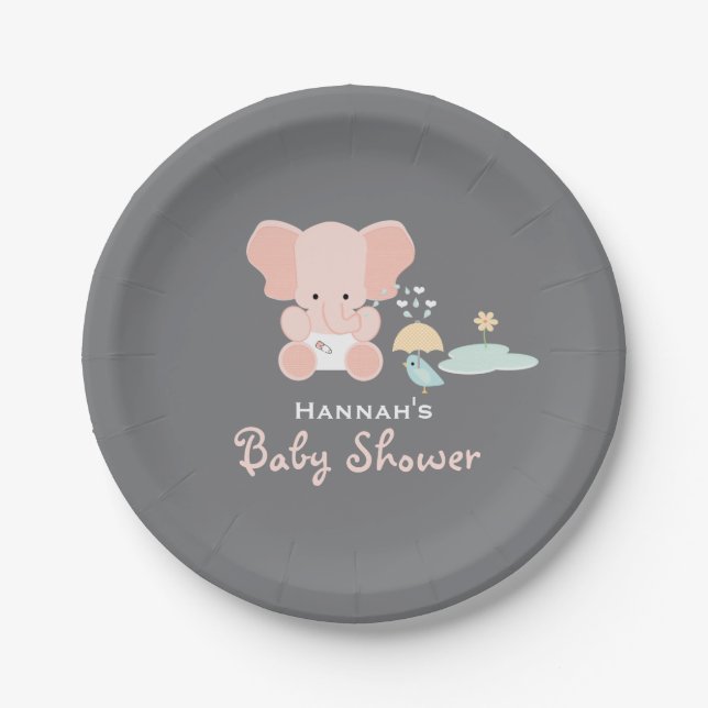 Assiettes En Carton Éléphant rose petit baby shower d'oiseau (Devant)